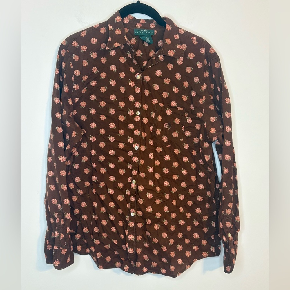 Lauren Ralph Lauren Western Brown Floral Button Down Long Sleeve Top Size Large
